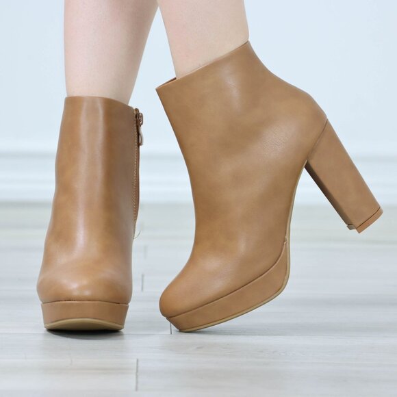 Womens Platform High Heeled Bootie Zip Up Tan Ankle Boots Block Heel - Picture 9 of 12